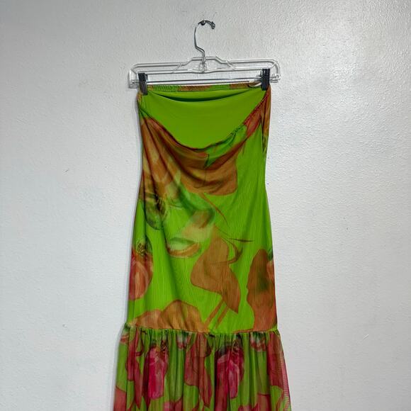 Green Floral Strapless Backless Sheer Mesh Side Slit Maxi Dress Sz S - Picture 8 of 12